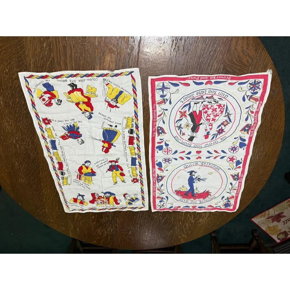 2 Kitchen Tea Towel Vintage‎ Colorful Boughten Old Time Family Story 17x27